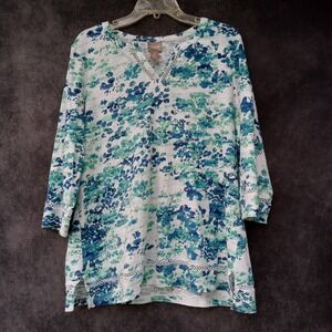 Chicos Womens 3/4 Sleeve Tunic Top with Crochet Trim Grannycore Coastal Size 2